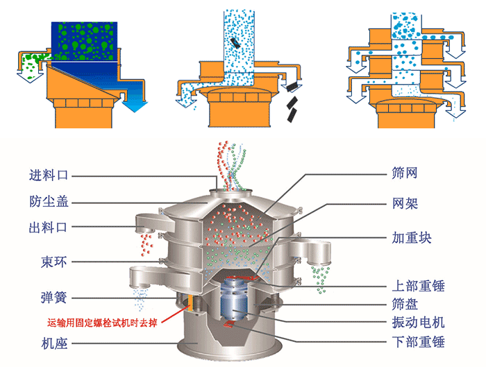 不銹鋼旋振篩結構展示：篩網(wǎng)，出料口，束環(huán)，彈簧，防塵蓋，機座等